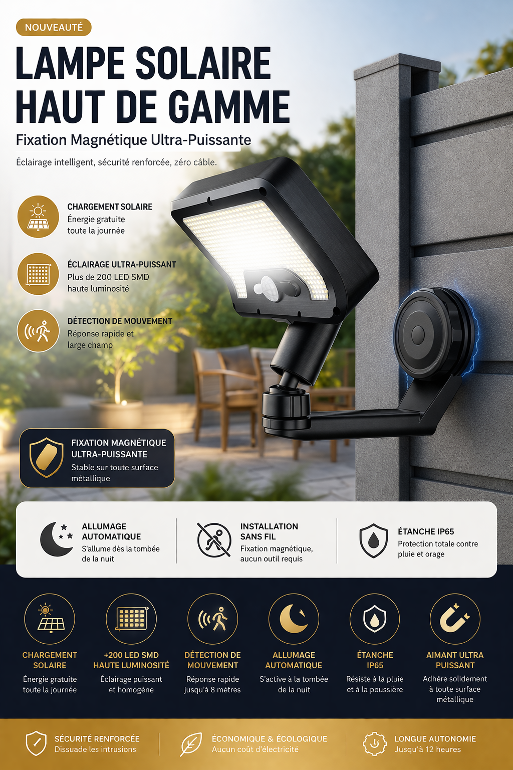 Lampe Solaire Premium | Éclairage Intelligent & Fixation 3-en-1